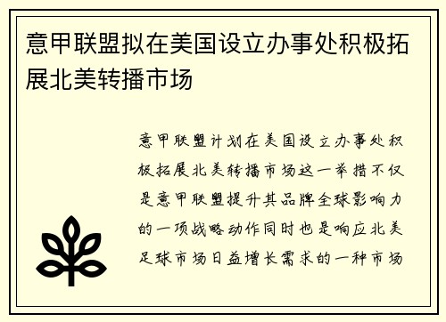 意甲联盟拟在美国设立办事处积极拓展北美转播市场 意甲联盟拟在美国设立办事处积极拓展北美转播市场