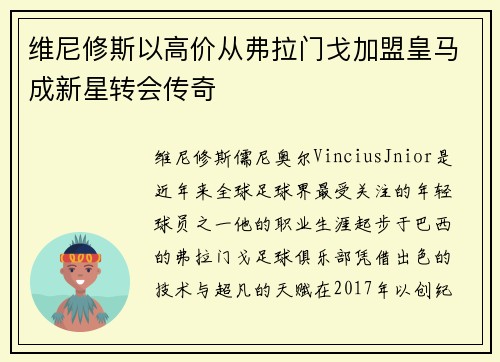 维尼修斯以高价从弗拉门戈加盟皇马成新星转会传奇